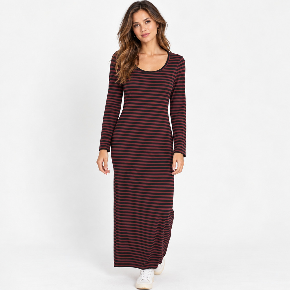 Peruvian Connection Andover Maxi Dress L Bordeaux Black Stripe Pima Cotton